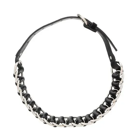 Miu Miu Black/Silver Leather Woven Silver Chain Choker Necklace-One Size - Picture 2 of 4